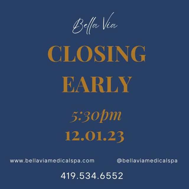 We are closing at 530pm today and are closed this weekend. If you need anything, call and leave a message, 419.534.6552. We will return your call on Monday at 830am. Need a gift card visit our website:
https://bellaviamedicalspa.com/shop/gift-cards/ 💙 #MedicalSpa #12DaysOfChristmas #CraigColvilleMD #NabeelAliKhanMD #ToledoOhio #JohnZavellMD #BellaViaMedicalSpa #massage #giftcards